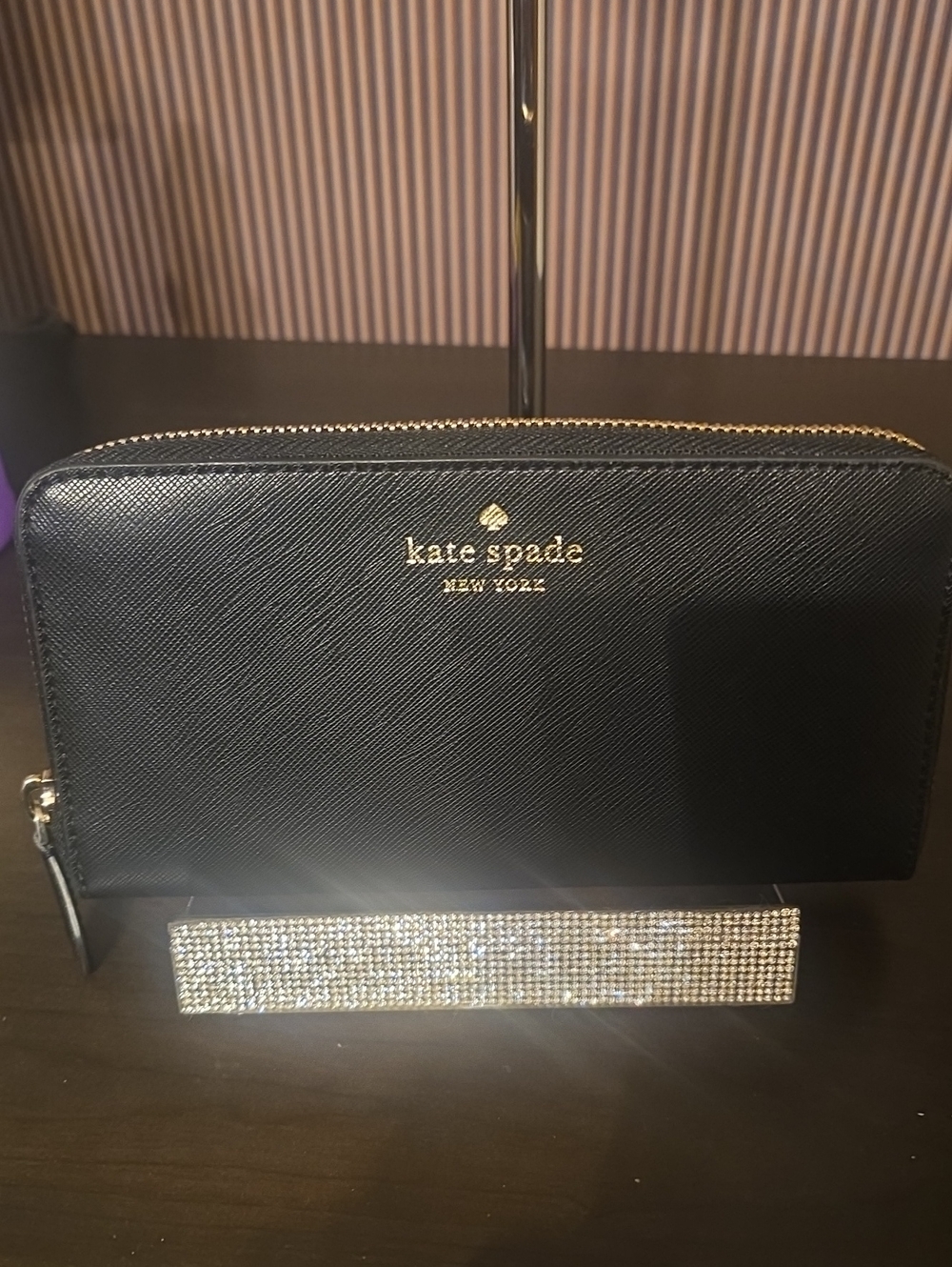 kate spade Black Zip-Around Saffiano Wallet with Gold Logo